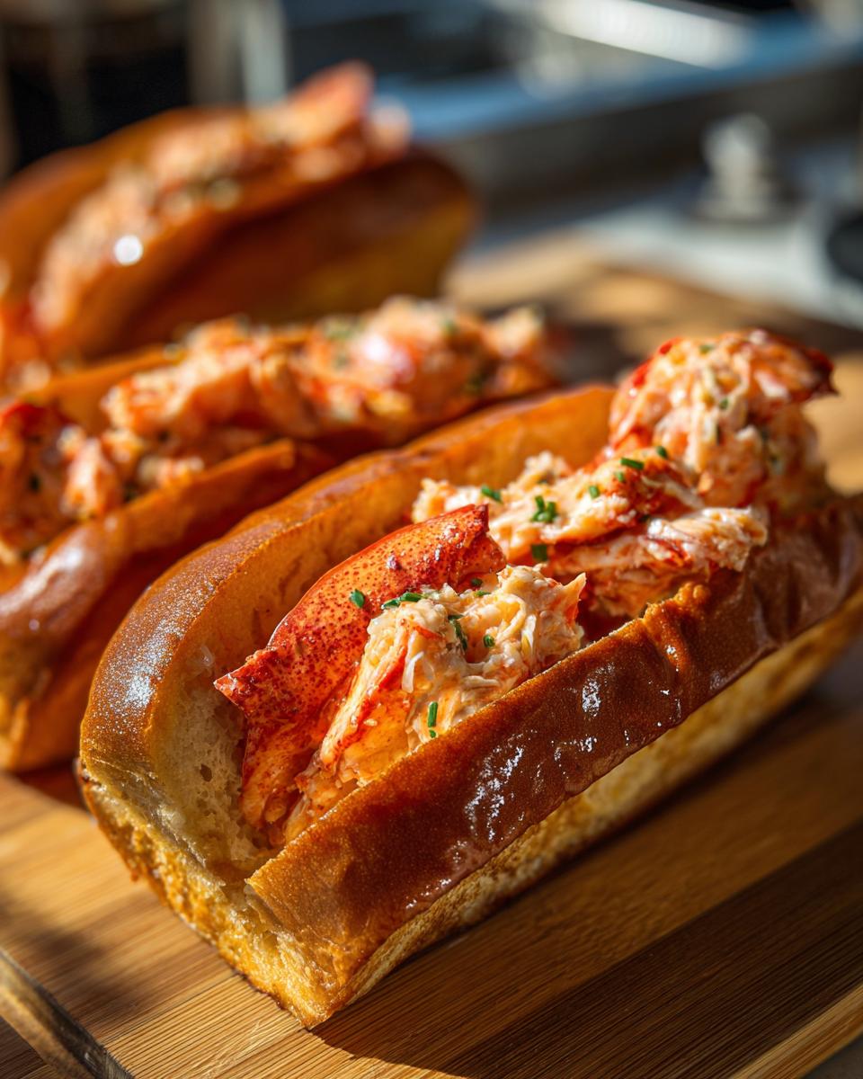 Close-up of a freshly made Jerk Lobster Roll on a wooden board, filled with succulent lobster meat and a creamy sauce.