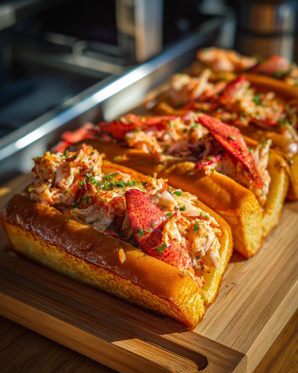 Close-up of several freshly made Jerk Lobster Rolls, generously filled with lobster meat and garnished with herbs.