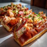 Close-up of two delicious Jerk Lobster Rolls generously filled with lobster meat and garnished with fresh herbs.