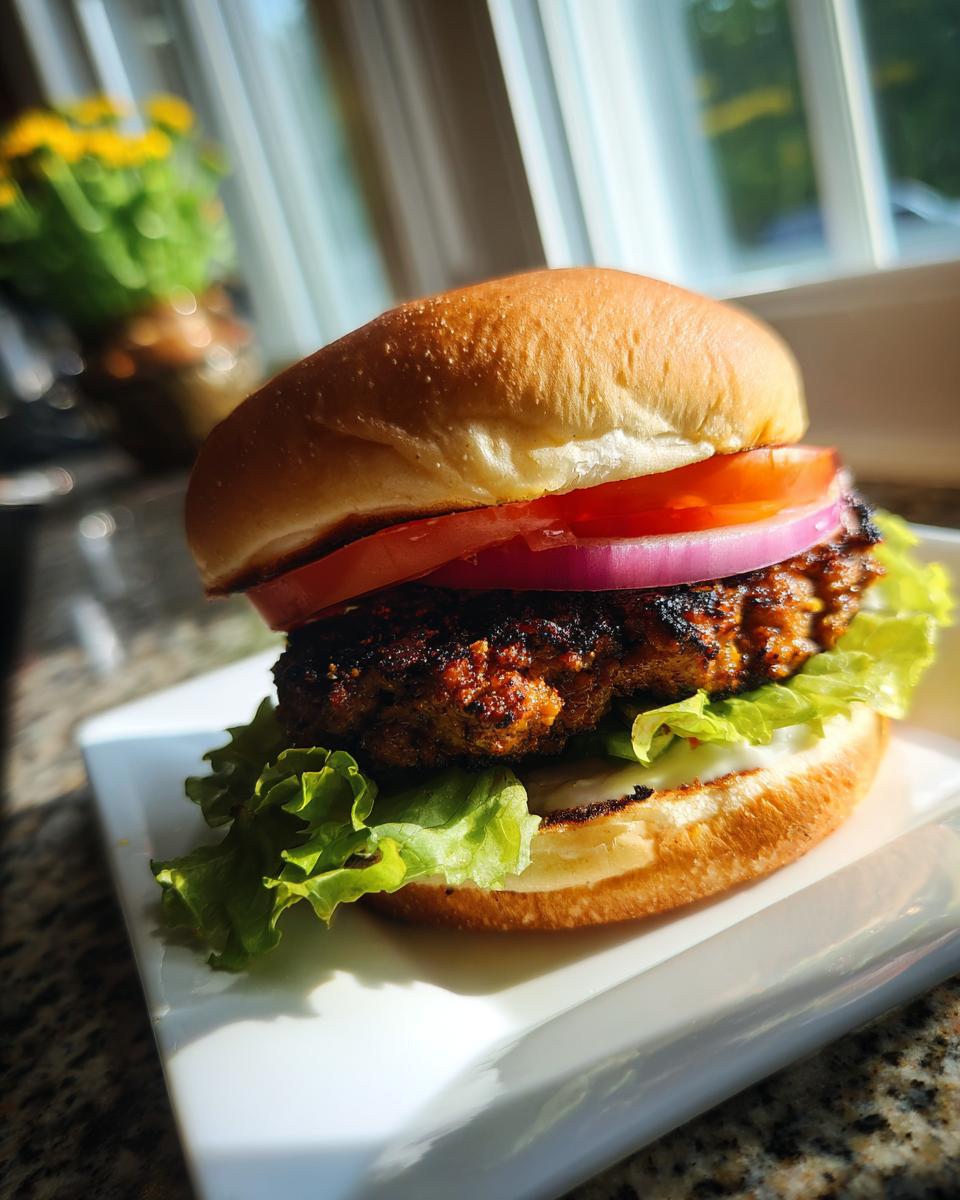 A close-up of a juicy Jerk Turkey Burger stacked with lettuce, red onion, and tomato on a toasted bun.