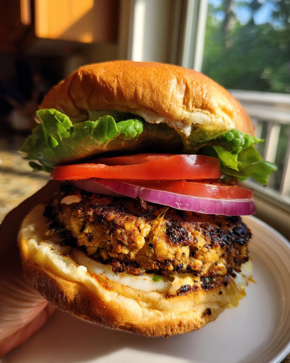 A close-up of a fully assembled Jerk Turkey Burger with lettuce, tomato, and red onion on a toasted bun.