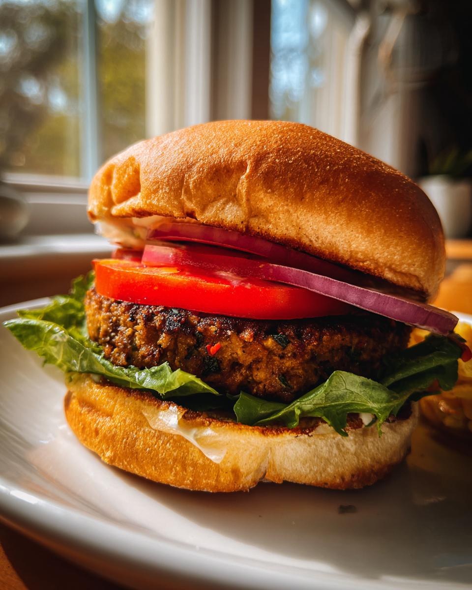 Close-up of a fully assembled Jerk Turkey Burger with lettuce, tomato, and red onion on a toasted bun.