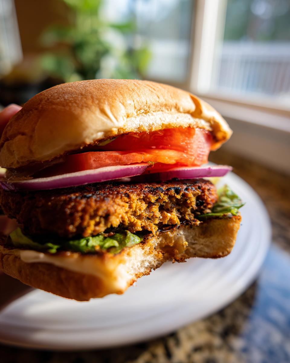 Close-up of a hand holding a Jerk Turkey Burger with a bite taken out, showing fresh toppings.