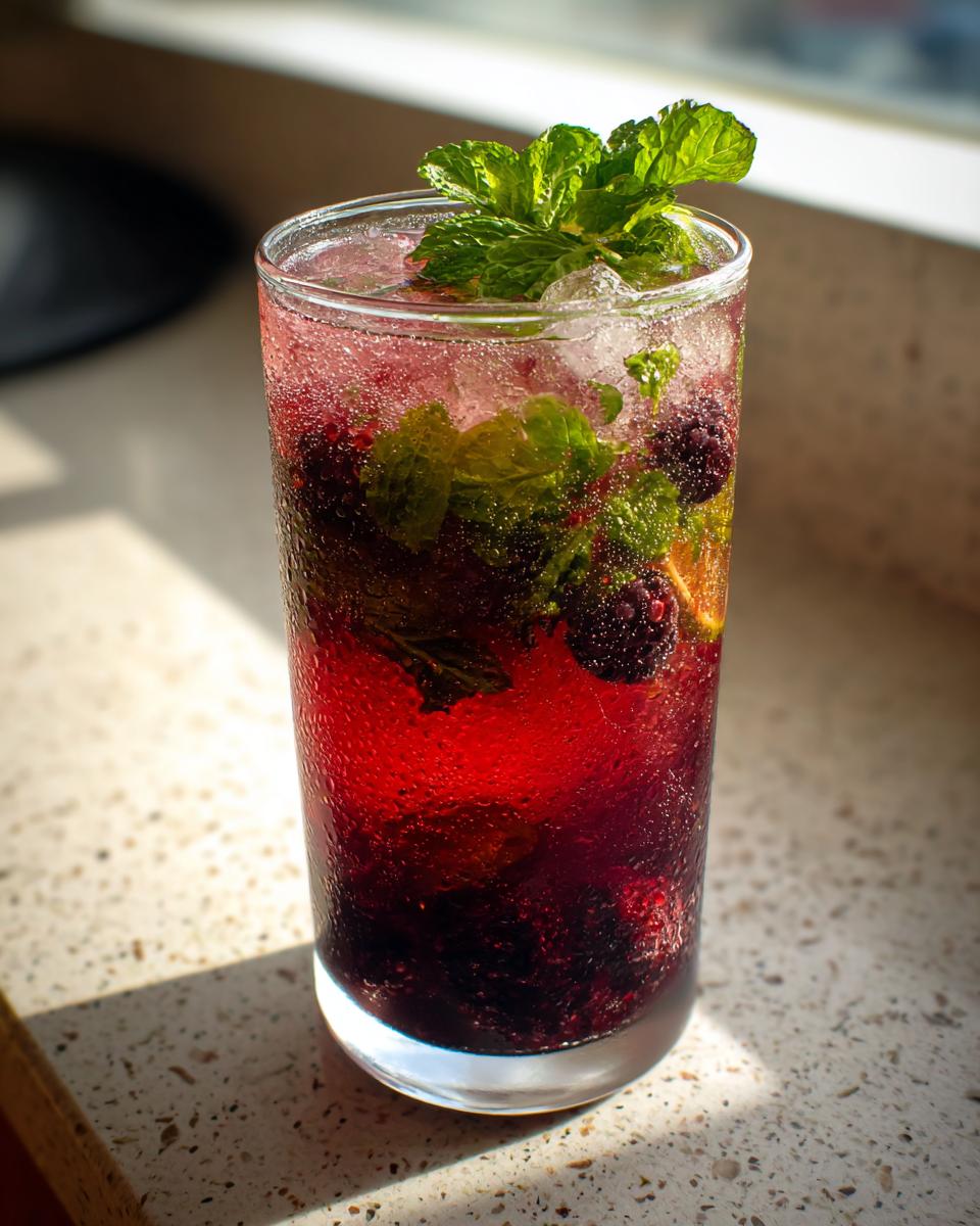 A tall, condensation-covered glass filled with vibrant Lemon Blackberry Mint Tea, blackberries, and fresh mint leaves.