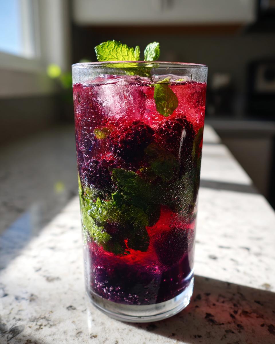 A tall glass filled with vibrant Lemon Blackberry Mint Tea, ice, fresh mint leaves, and dark berries.