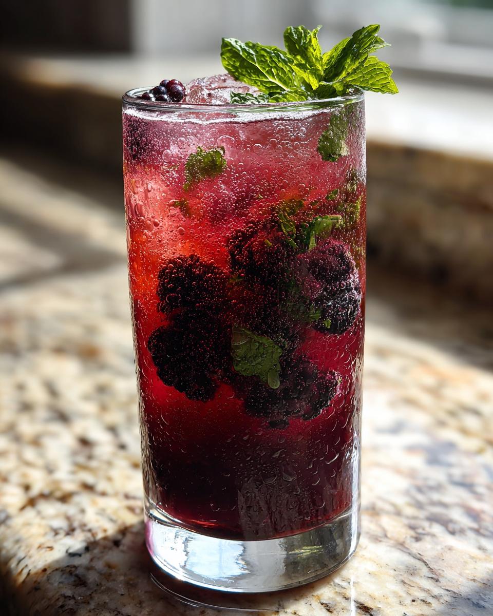 A tall glass filled with sparkling Lemon Blackberry Mint Tea, fresh blackberries, mint leaves, and ice.