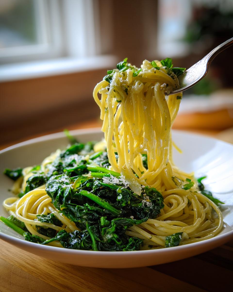 A fork lifting a twirl of Lemon Herb Garlic Parmesan Kale Pasta from a white bowl, showing bright green kale.