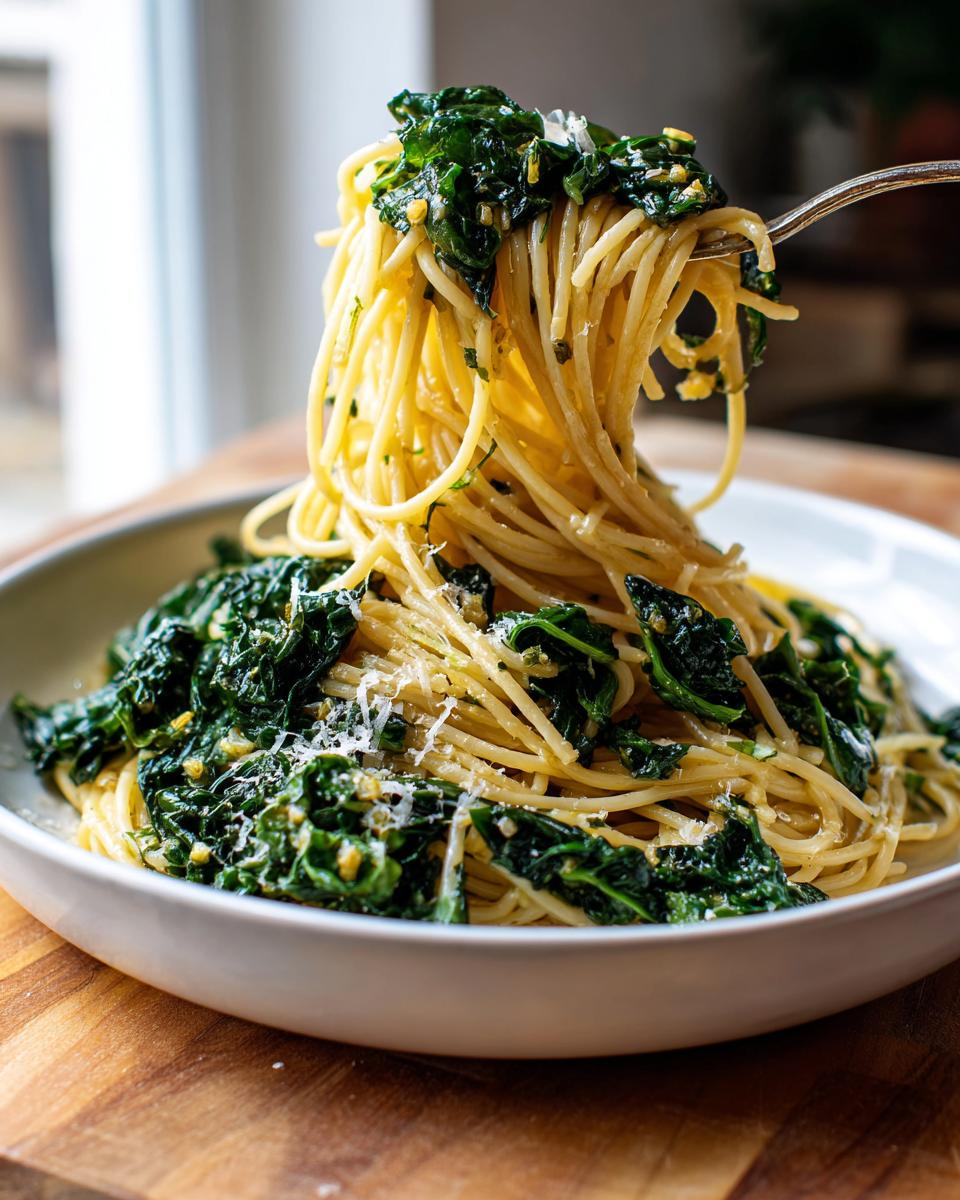 A fork lifts a twirl of spaghetti mixed with dark green kale from a bowl of Lemon Herb Garlic Parmesan Kale Pasta.