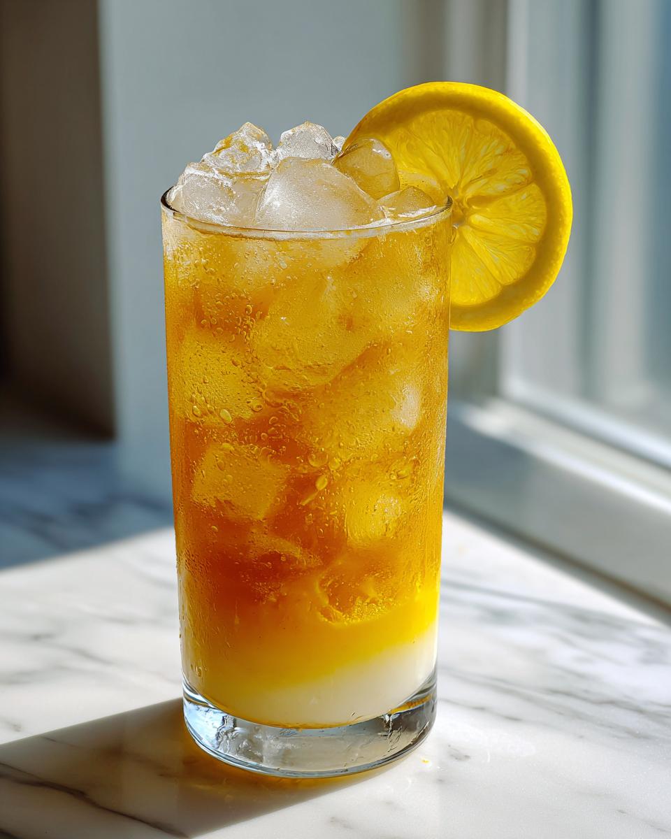 Tall glass filled with a vibrant Mango Lemonade Kombucha Mocktail, ice, and a lemon slice garnish.