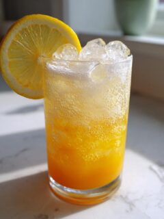 A tall glass filled with a bright orange Mango Lemonade Kombucha Mocktail, ice, and garnished with a lemon slice.