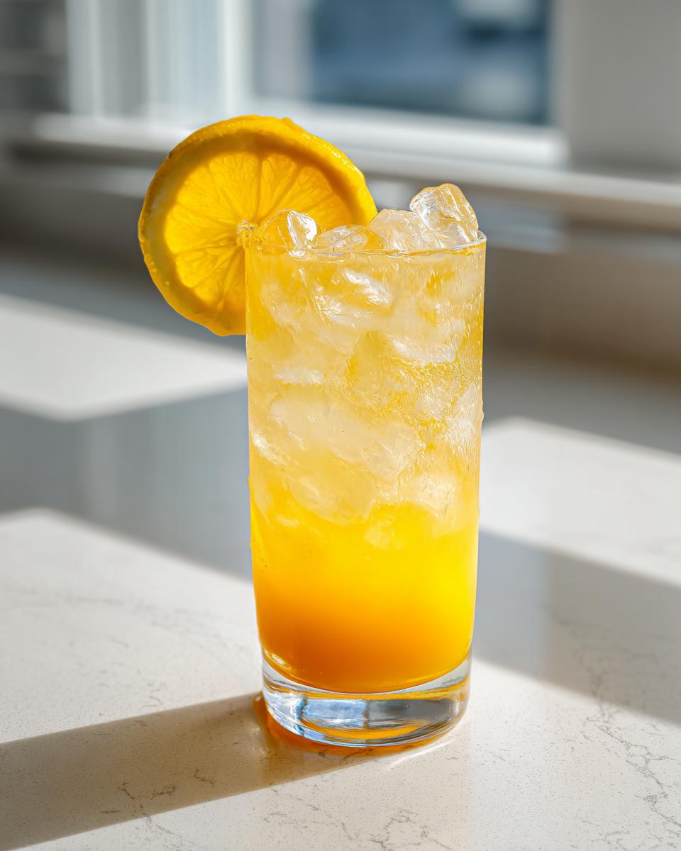 Tall glass filled with ice and a bright yellow Mango Lemonade Kombucha Mocktail, garnished with an orange slice.