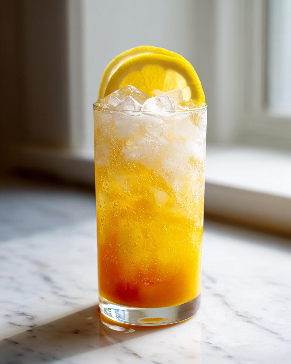 A tall glass filled with ice and a vibrant, layered Mango Lemonade Kombucha Mocktail, garnished with a lemon slice.