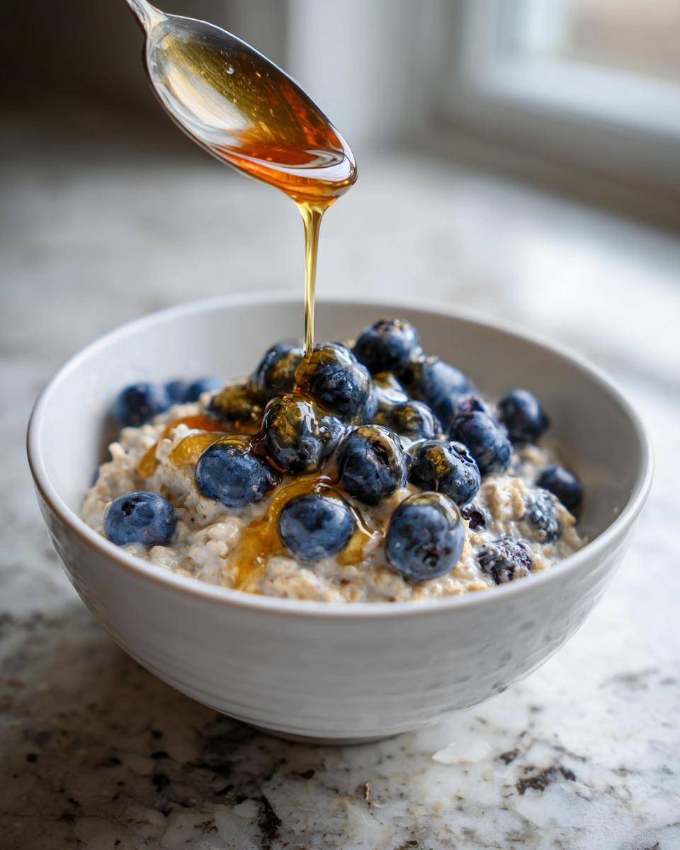 A spoon drizzling syrup over a bowl of Maple Blueberry Oatmeal Porridge topped with fresh blueberries.