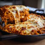 A scoop of Meatless Pumpkin Skillet Lasagna being lifted, showing stretchy melted cheese and layers of pasta.