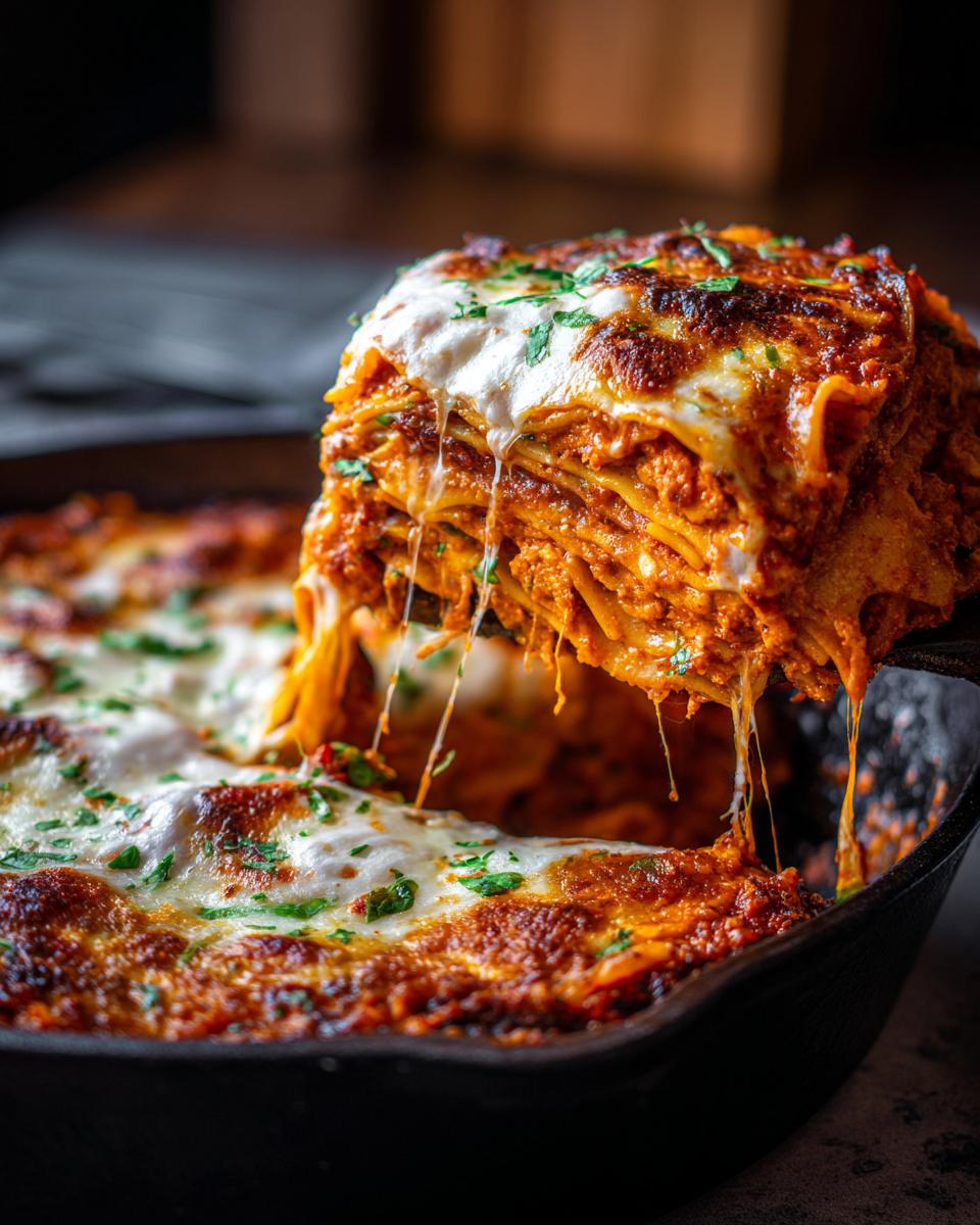 A slice of Meatless Pumpkin Skillet Lasagna being lifted from a cast iron skillet, showing melted cheese and layers.