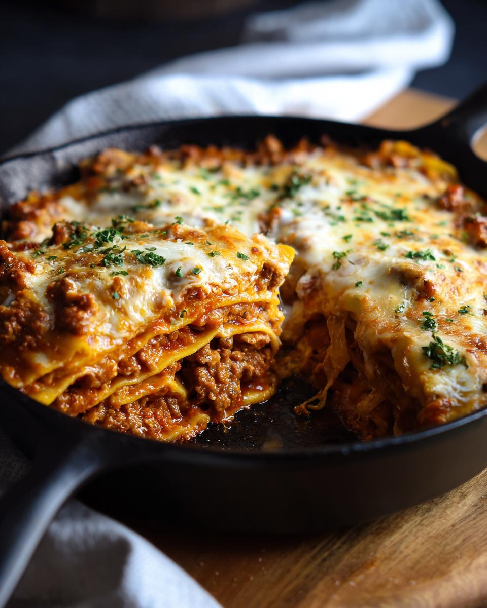 A slice of Meatless Pumpkin Skillet Lasagna in a cast iron pan, topped with melted cheese and parsley.