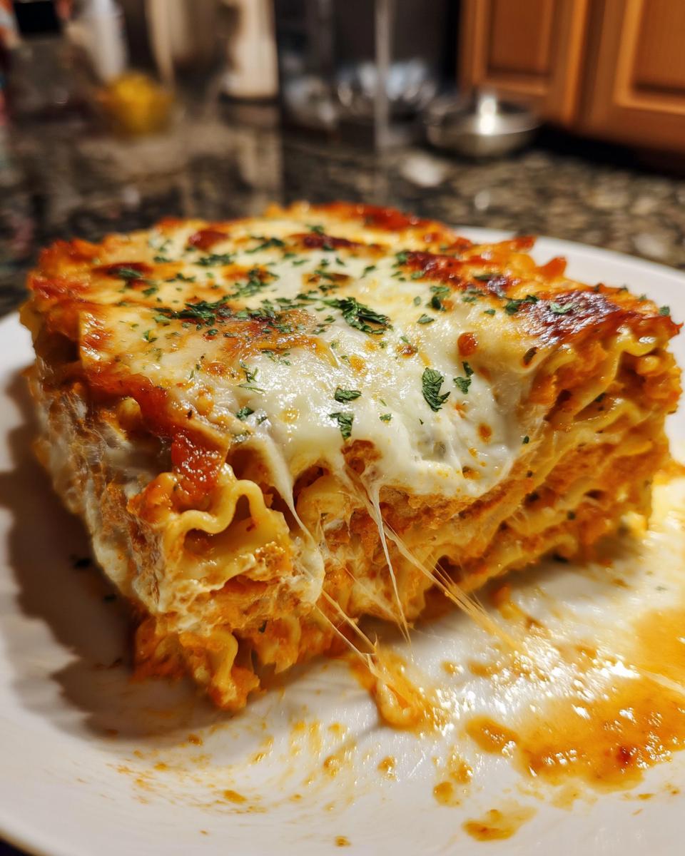A delicious slice of Meatless Pumpkin Skillet Lasagna, with melted cheese and herbs.