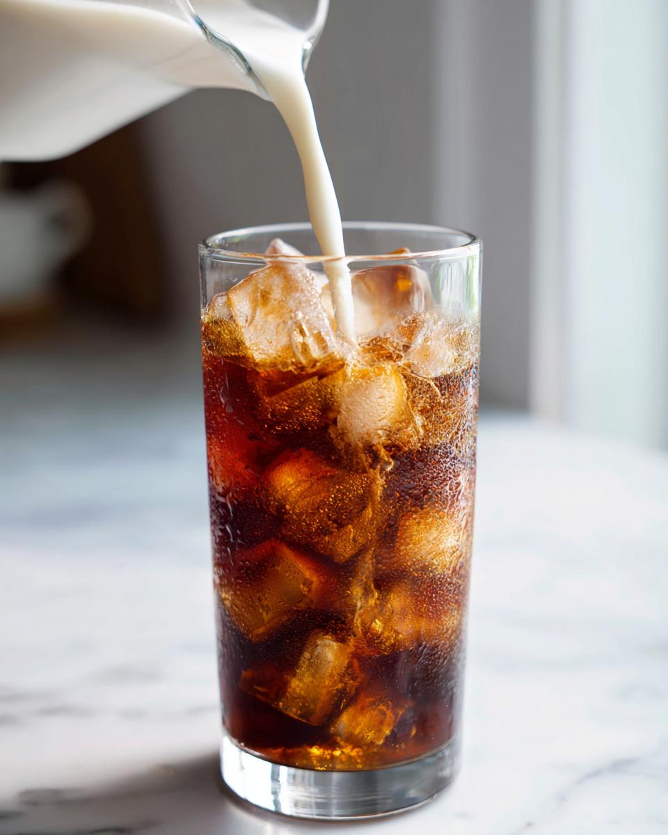 Milk being poured into a glass filled with ice and dark coffee, preparing a Caramel Coffee Ice Cubes Latte.