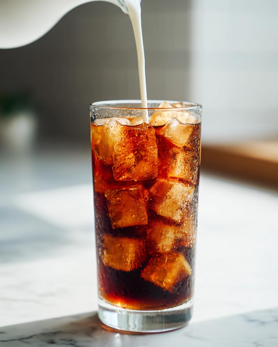 Milk being poured into a tall glass filled with coffee ice cubes for a Caramel Coffee Ice Cubes Latte.