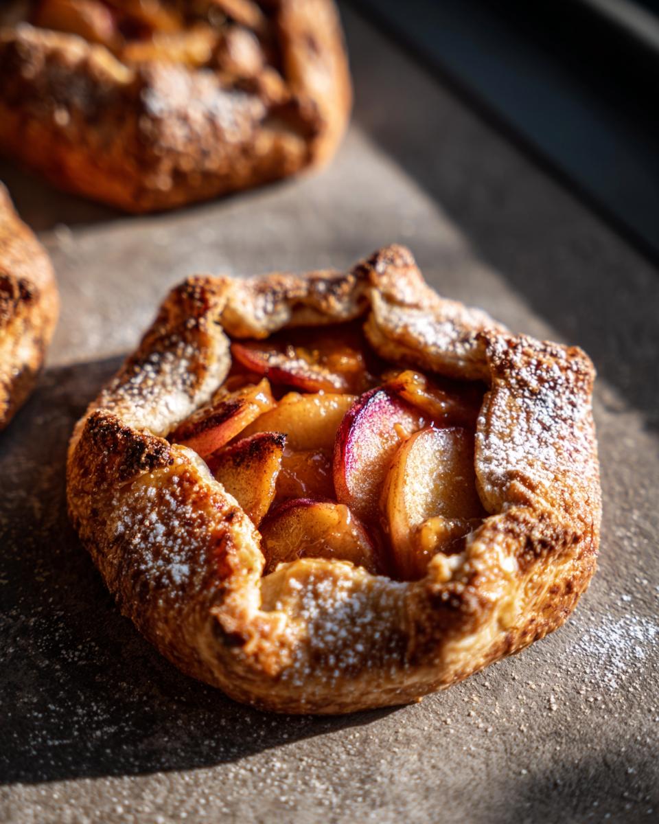 A close-up of one freshly baked Mini Salted Caramel Apple Pie Galette dusted with powdered sugar.