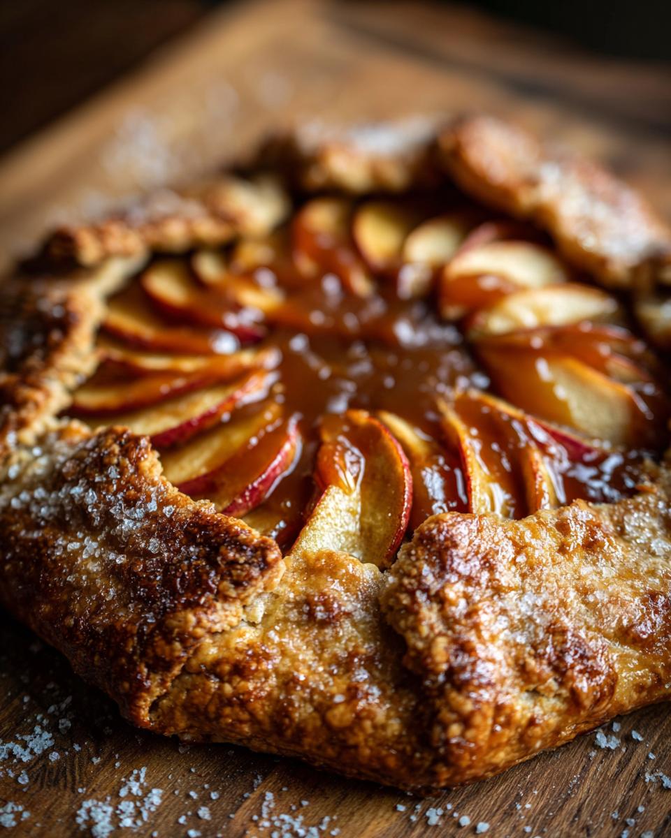 A close-up of one Mini Salted Caramel Apple Pie Galette with flaky crust and glistening caramel filling.