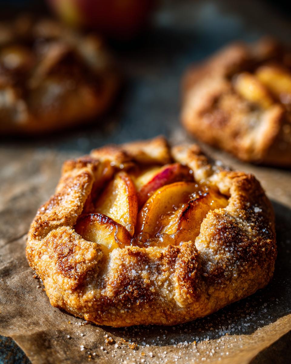 A close-up of one Mini Salted Caramel Apple Pie Galette with caramelized apple slices and a sugary crust.