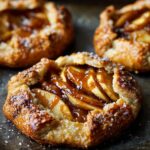 Close-up of a golden-brown Mini Salted Caramel Apple Pie Galette topped with glistening caramel and coarse sugar.