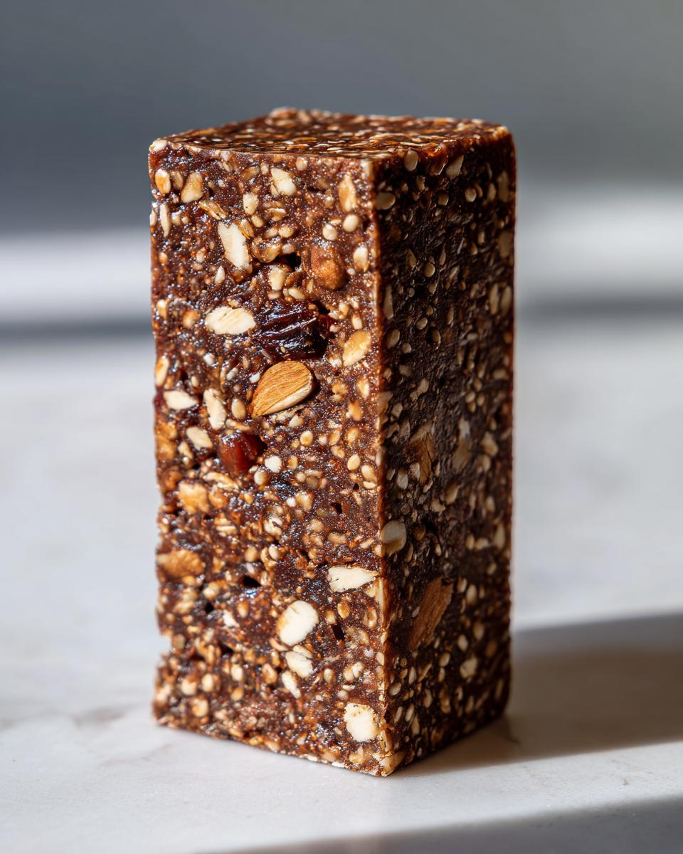 A single, rectangular No Bake Cacao Date Loaded Energy Bar showing visible chunks of nuts and seeds.