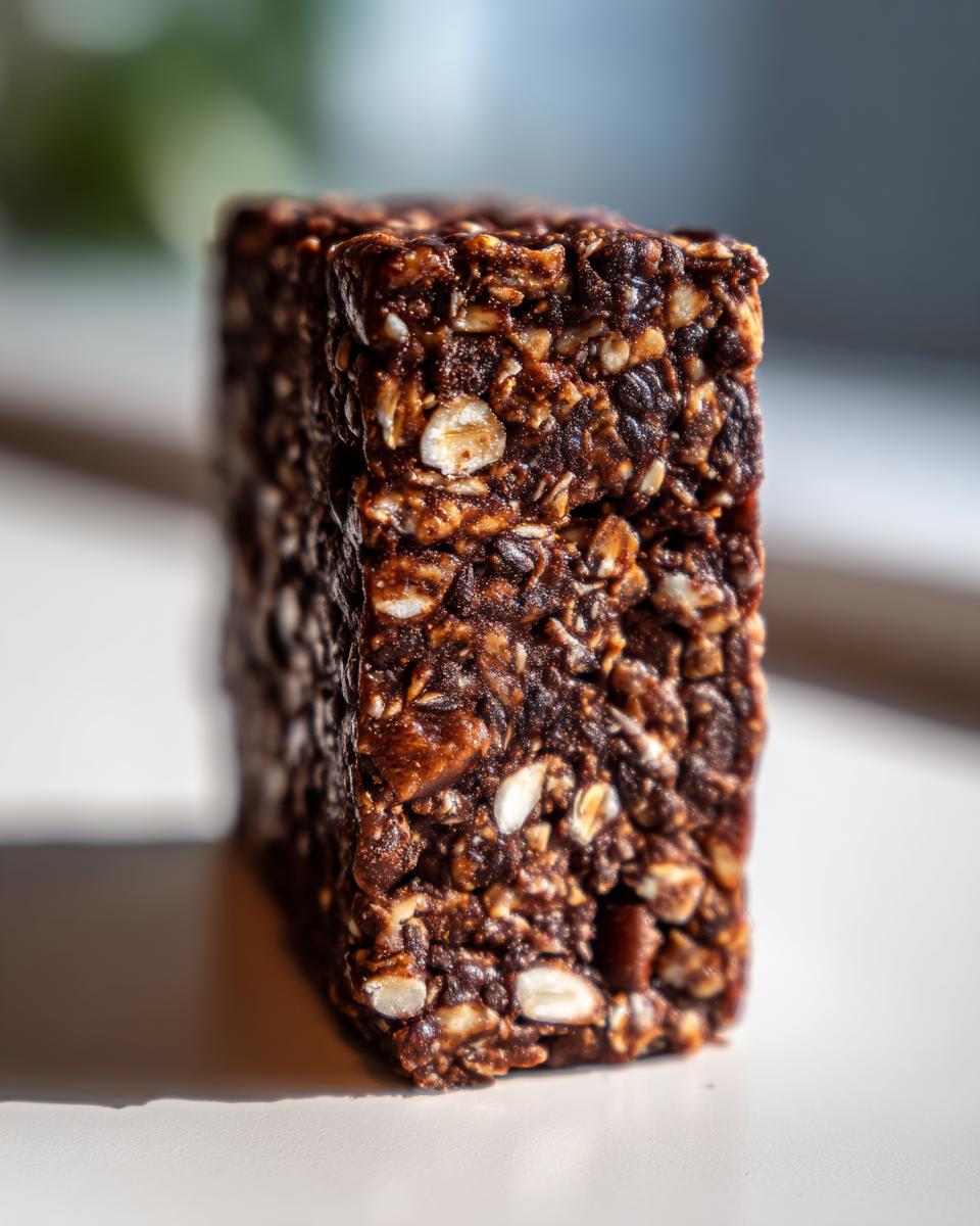 A single, dense No Bake Cacao Date Loaded Energy Bar showing texture of oats, seeds, and dates.