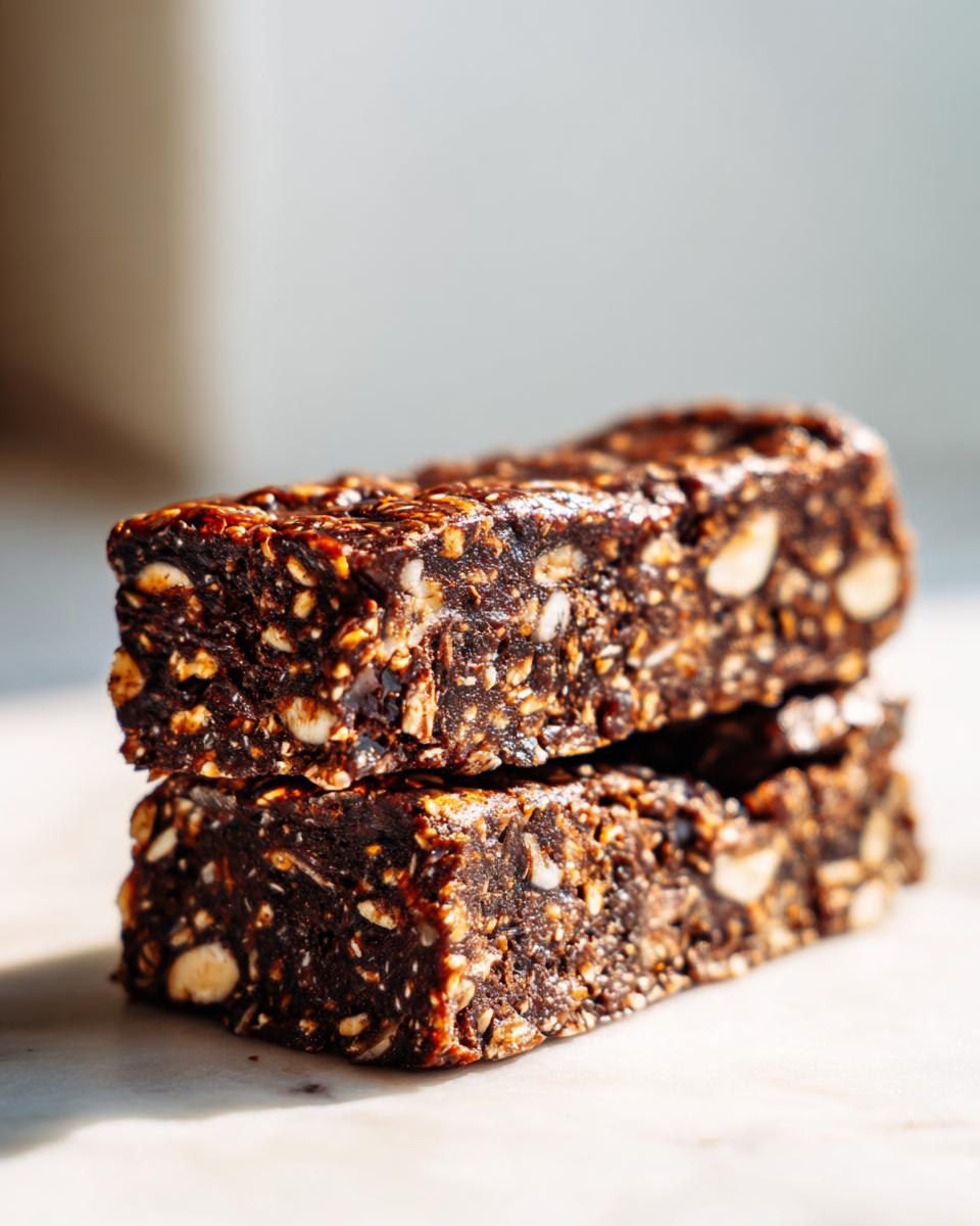 Close-up of two rich, dark No Bake Cacao Date Loaded Energy Bars stacked on a light surface.