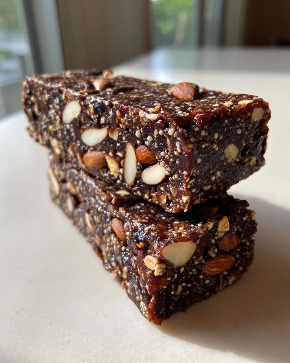 Two stacked No Bake Cacao Date Loaded Energy Bars showing visible almonds and seeds in the dark, chewy mixture.