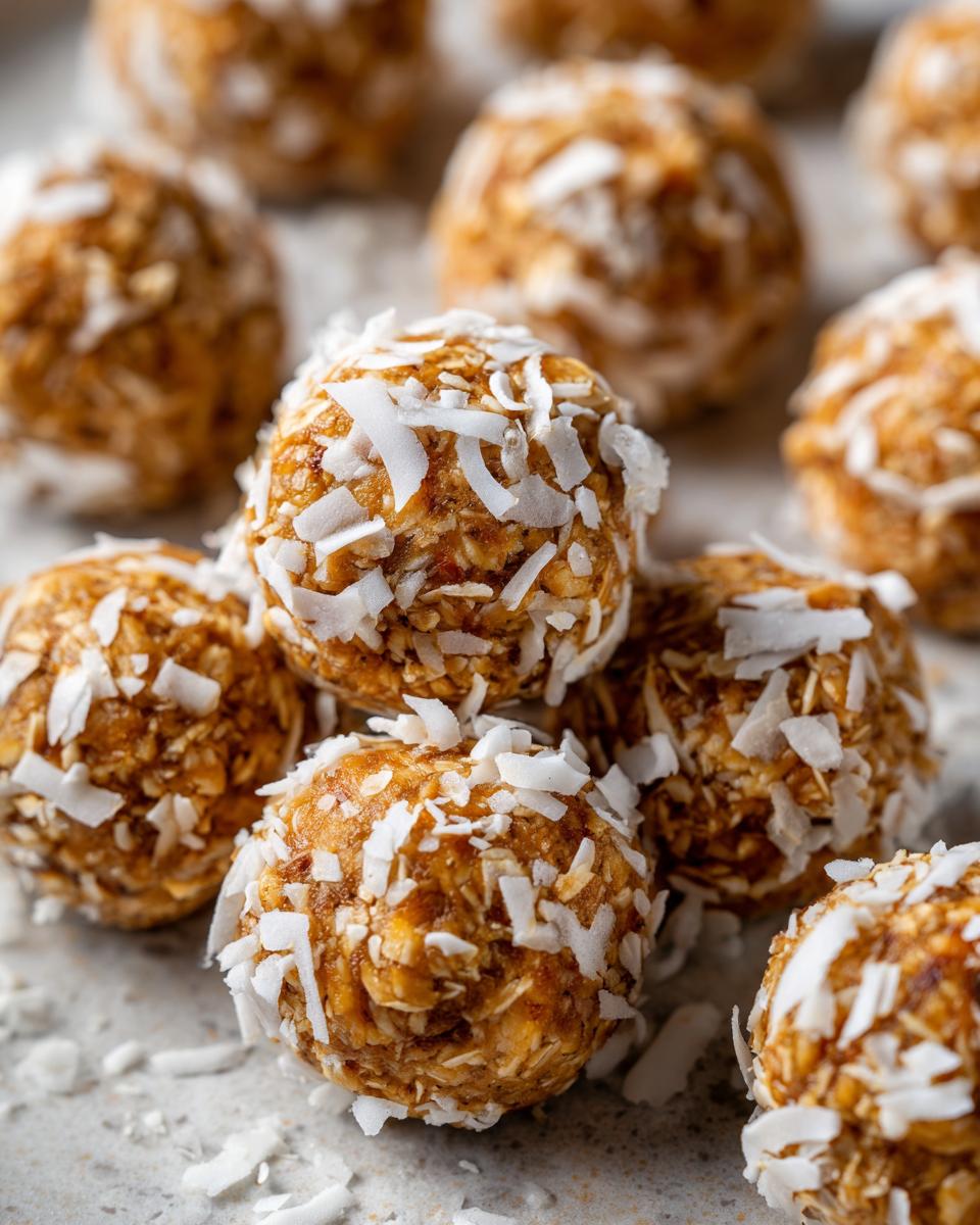Close-up of No Bake White Chocolate Energy Bites rolled in shredded coconut.