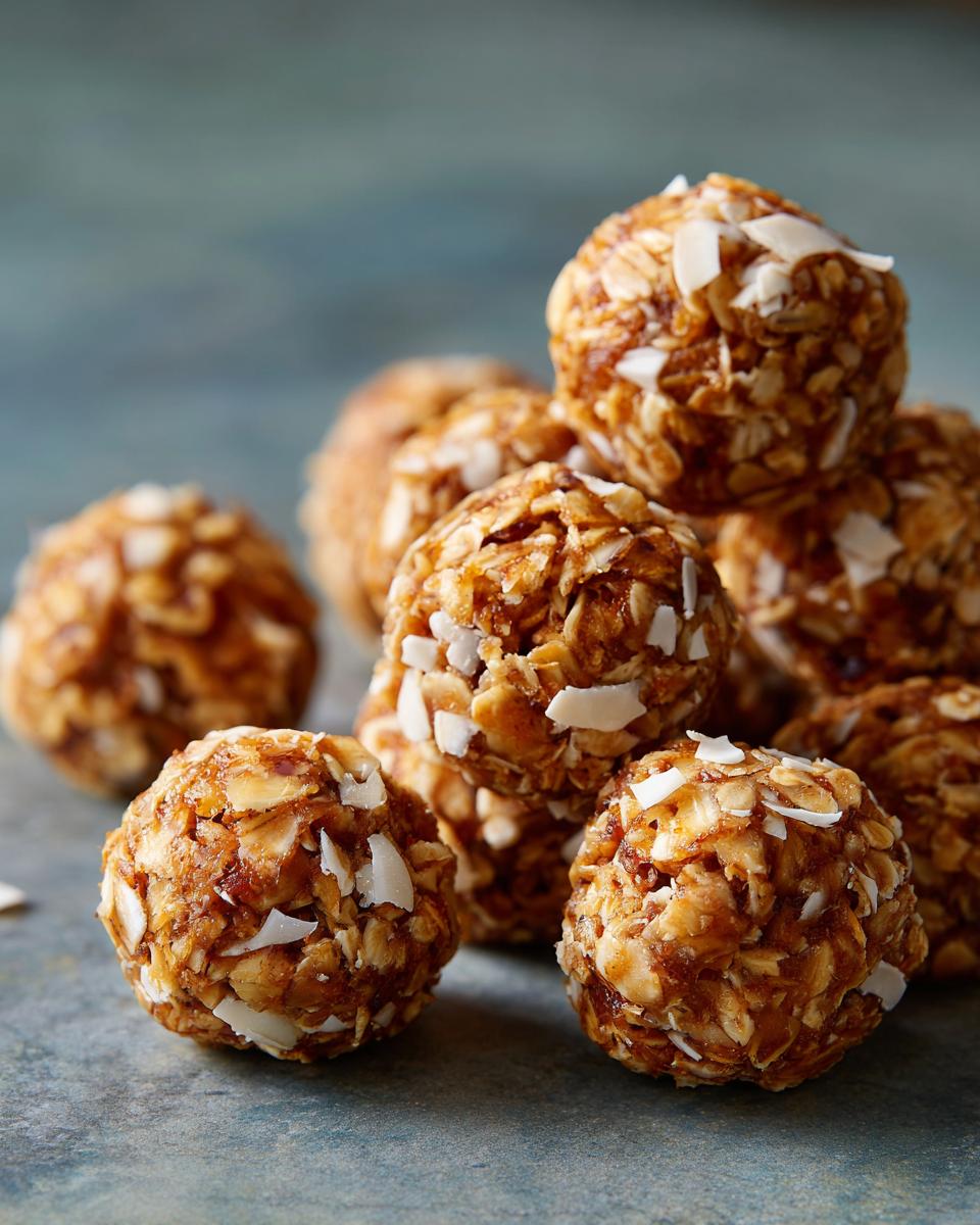 Close-up of No Bake White Chocolate Energy Bites, made with oats and coconut flakes.