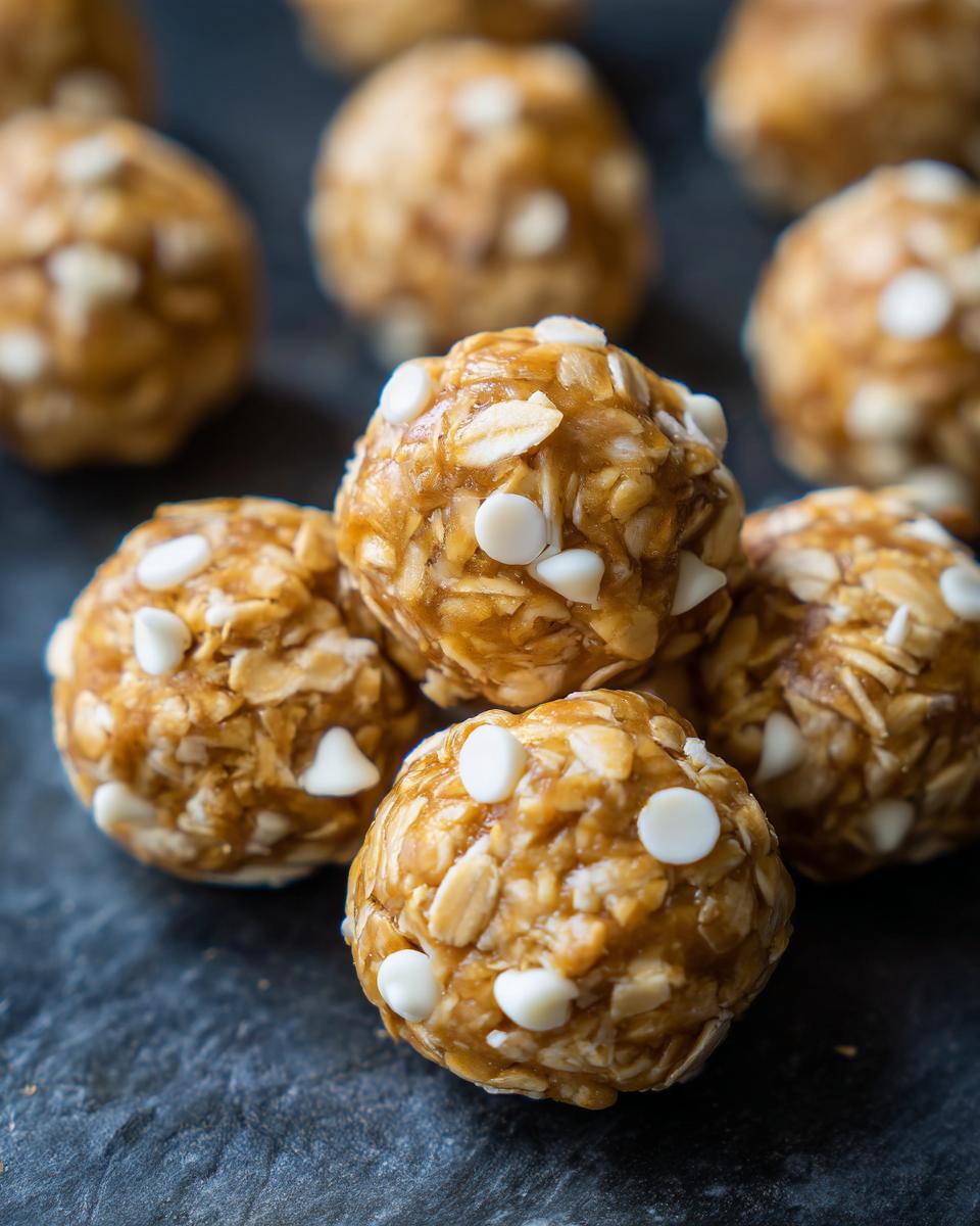 Close-up of No Bake White Chocolate Energy Bites, showing oats and white chocolate chips.