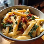 Close-up of a bowl of One Pot Creamy Vegan Tuscan Kale Pasta with penne, kale, and sun-dried tomatoes.