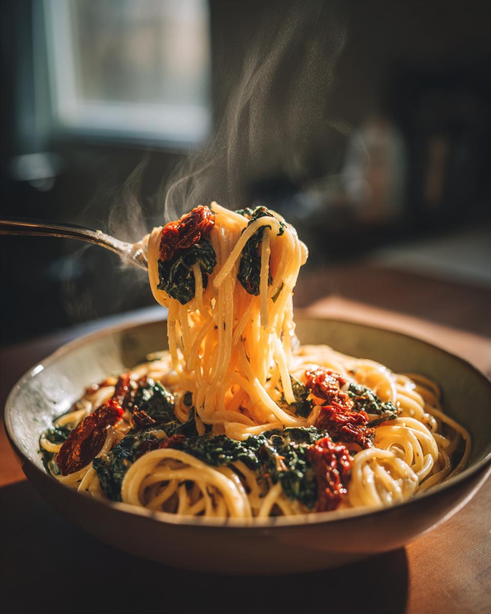 A fork twirls steaming pasta with kale and sun-dried tomatoes, showcasing the One Pot Creamy Vegan Tuscan Kale Pasta.