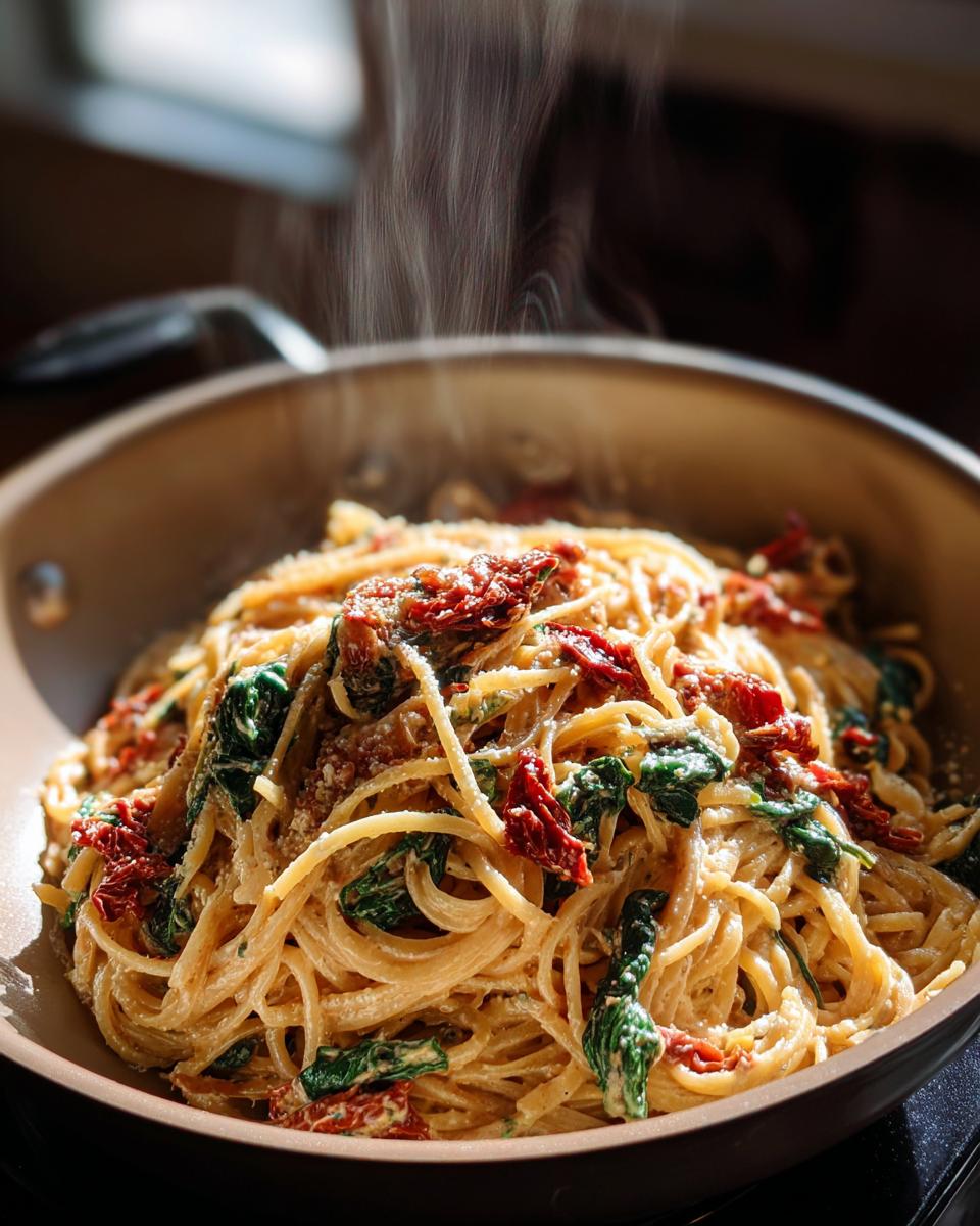 A steaming bowl of One Pot Creamy Vegan Tuscan Kale Pasta, featuring spaghetti, kale, and sun-dried tomatoes.