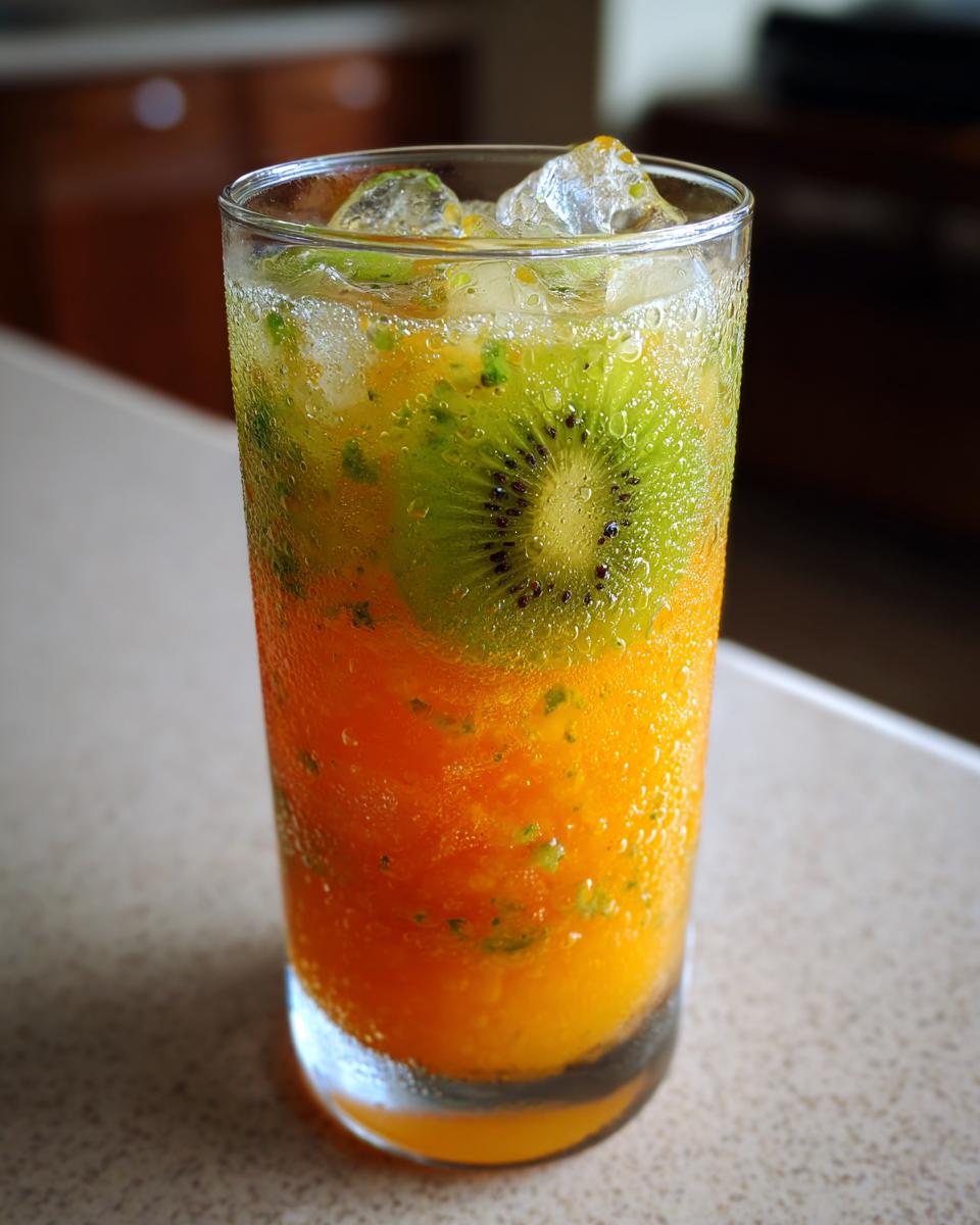 A tall glass filled with a vibrant Orange Kiwi Ginger Mocktail, featuring a kiwi slice and ice cubes.