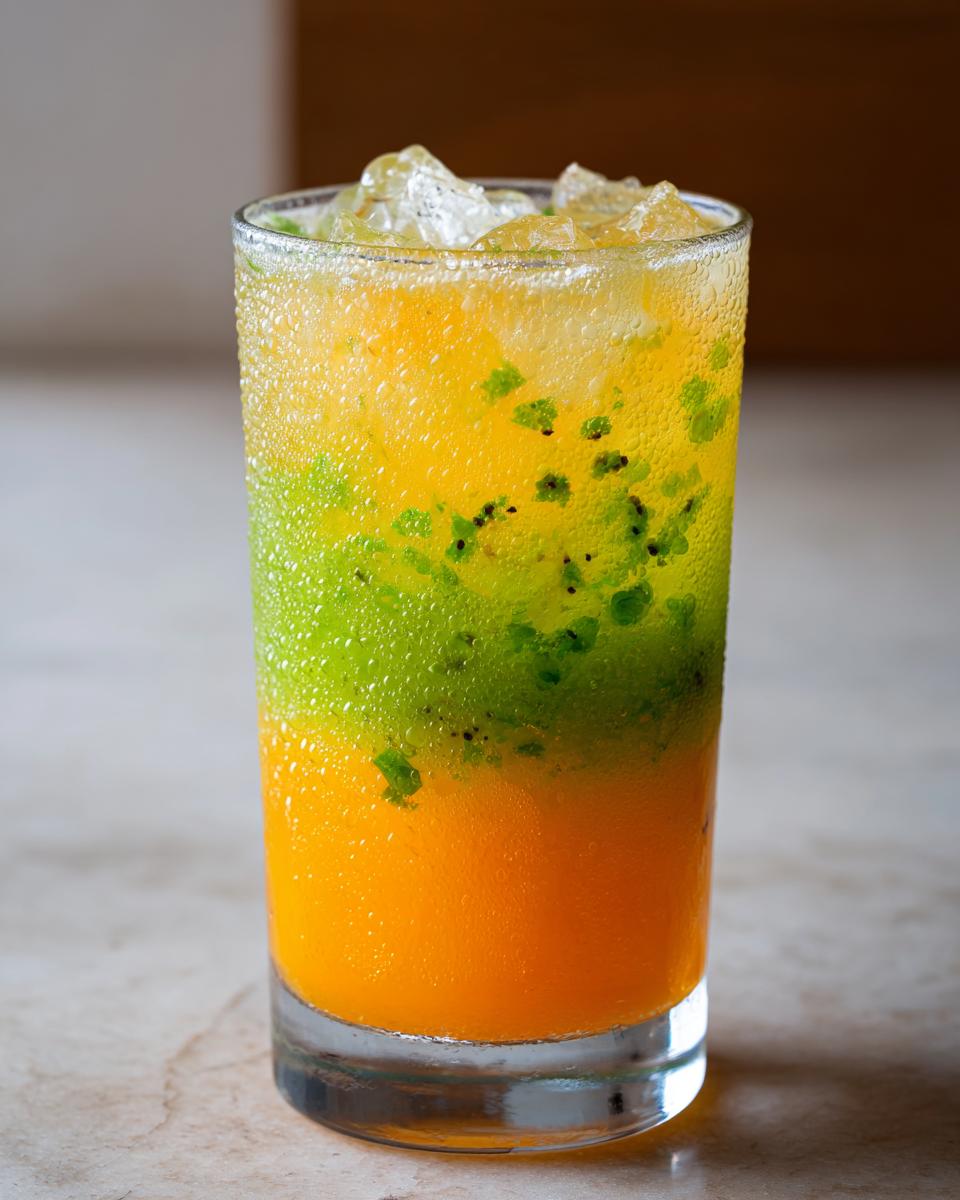 A tall glass filled with a layered Orange Kiwi Ginger Mocktail, featuring bright orange juice, green kiwi pieces, and crushed ice.