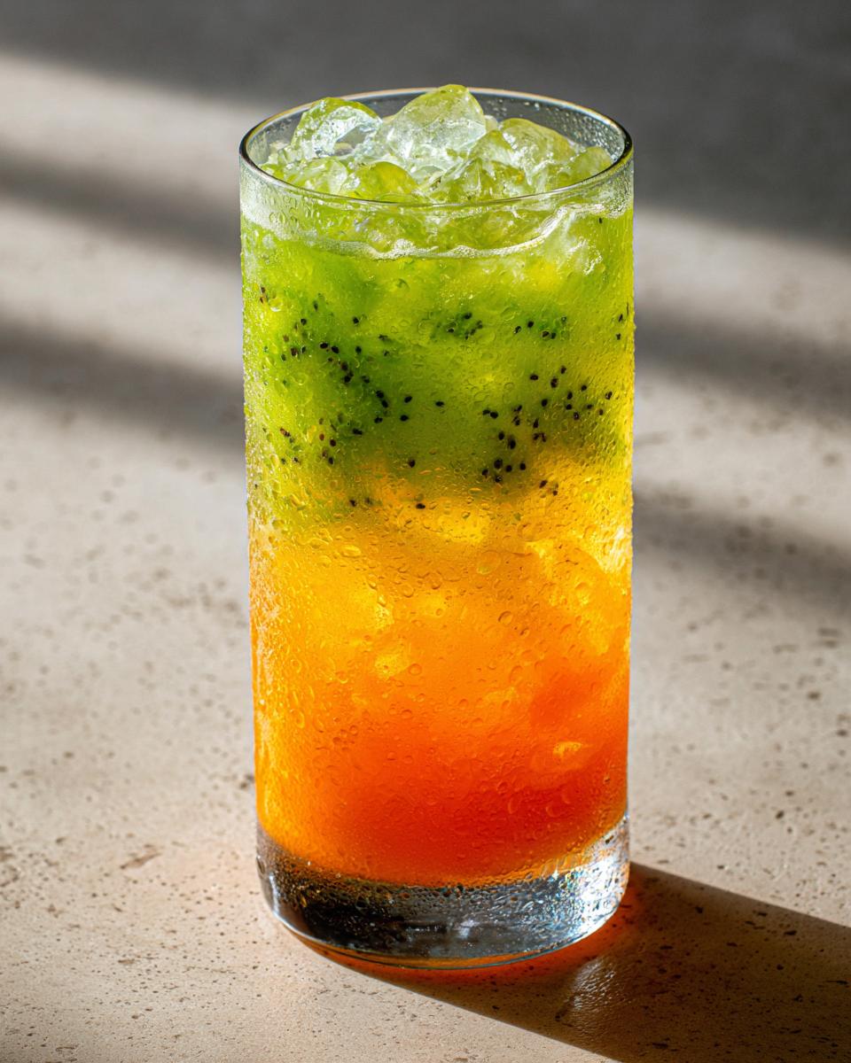 A tall, chilled glass showing a layered Orange Kiwi Ginger Mocktail with crushed ice and visible kiwi seeds.