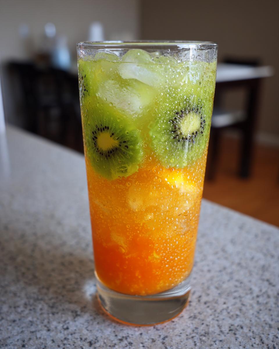 A tall glass filled with a vibrant Orange Kiwi Ginger Mocktail, showing layers of orange juice, kiwi slices, and ice.