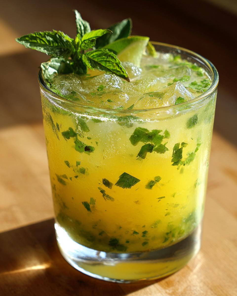 A refreshing Pineapple Coconut Basil Mocktail With Lime served in a glass with ice, mint, and lime garnish.