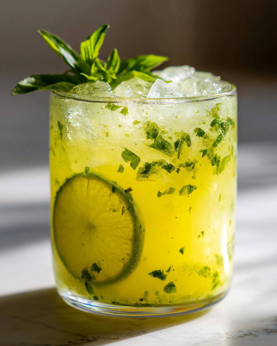 A refreshing Pineapple Coconut Basil Mocktail With Lime garnished with fresh basil and a lime slice.