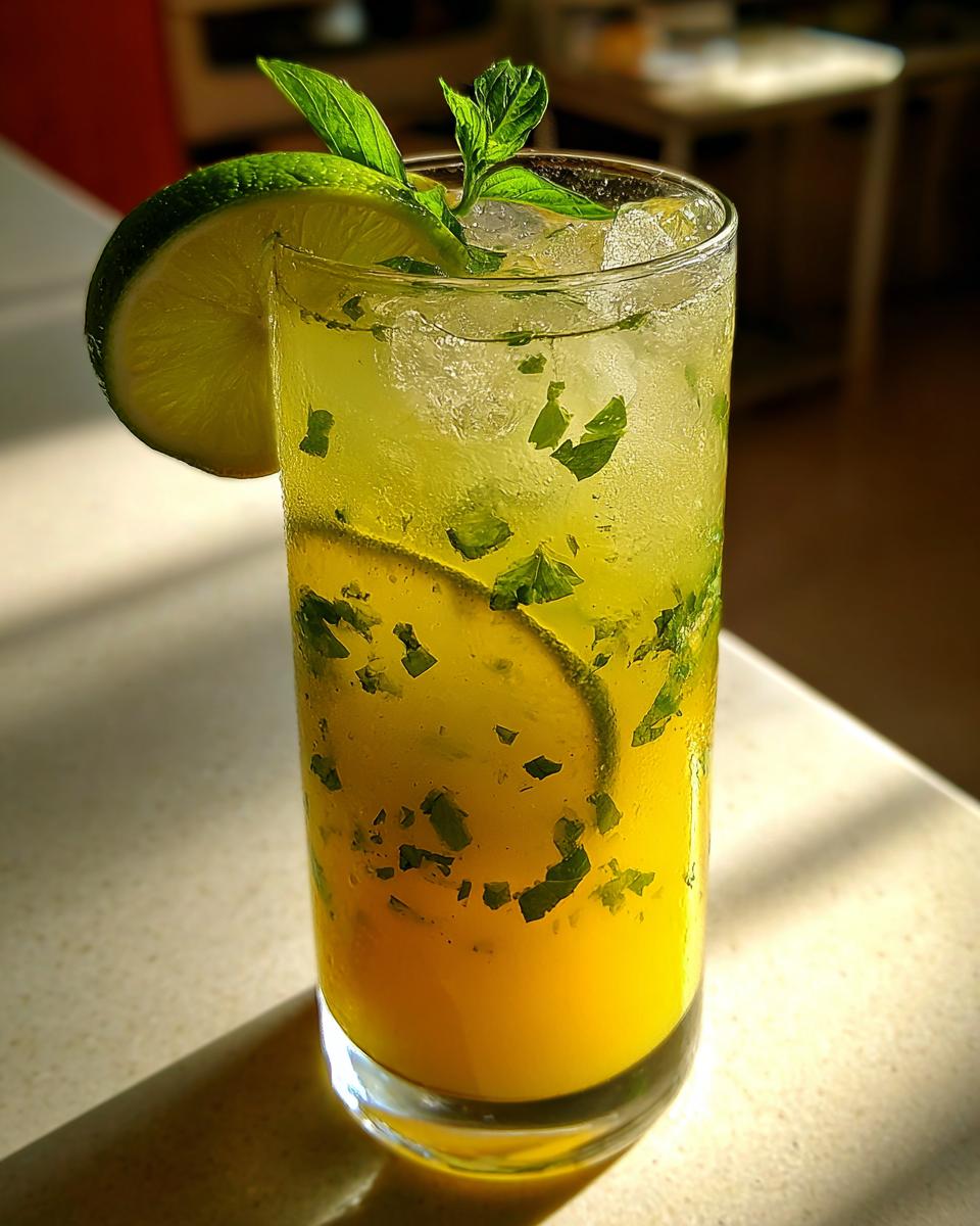 A refreshing Pineapple Coconut Basil Mocktail With Lime garnished with lime slices and mint leaves, filled with ice.
