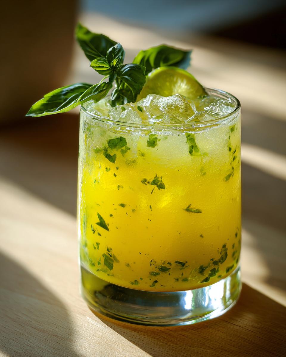 A close-up of a Pineapple Coconut Basil Mocktail With Lime, filled with ice, garnished with fresh basil and lime slices.