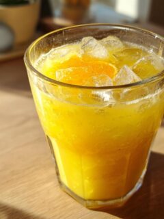 A glass of vibrant Pineapple Ginger Turmeric Lemonade with ice and a slice of orange on top.