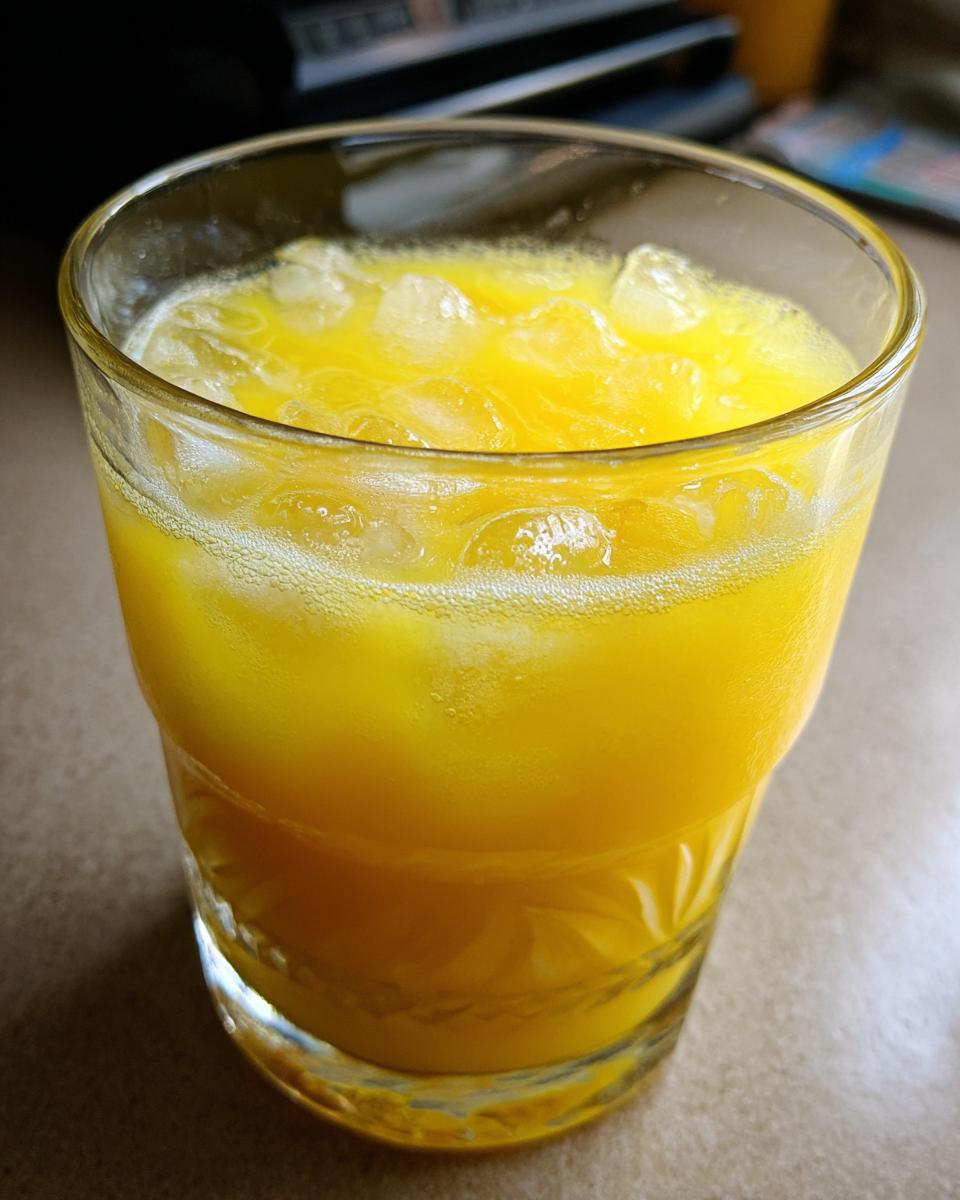 A close-up of a glass filled with vibrant yellow Pineapple Ginger Turmeric Lemonade and ice.
