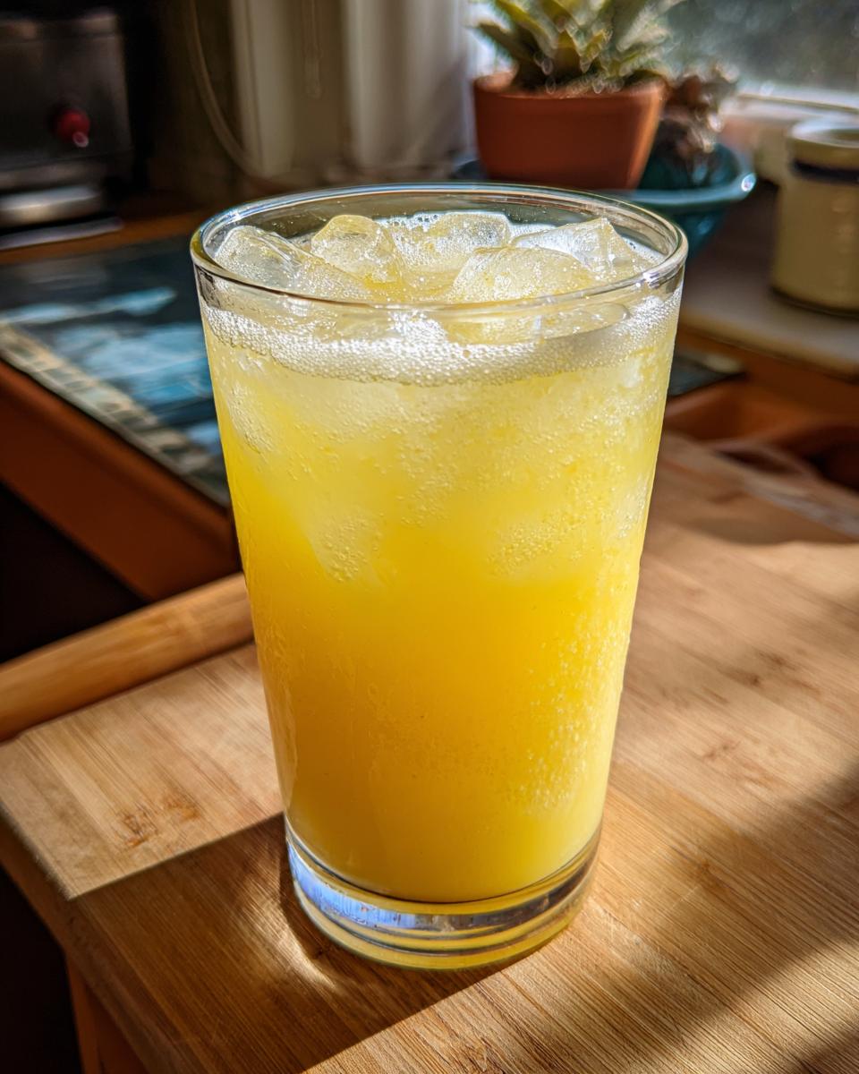 A tall glass filled with bubbly Pineapple Ginger Turmeric Lemonade and ice, served on a wooden board.