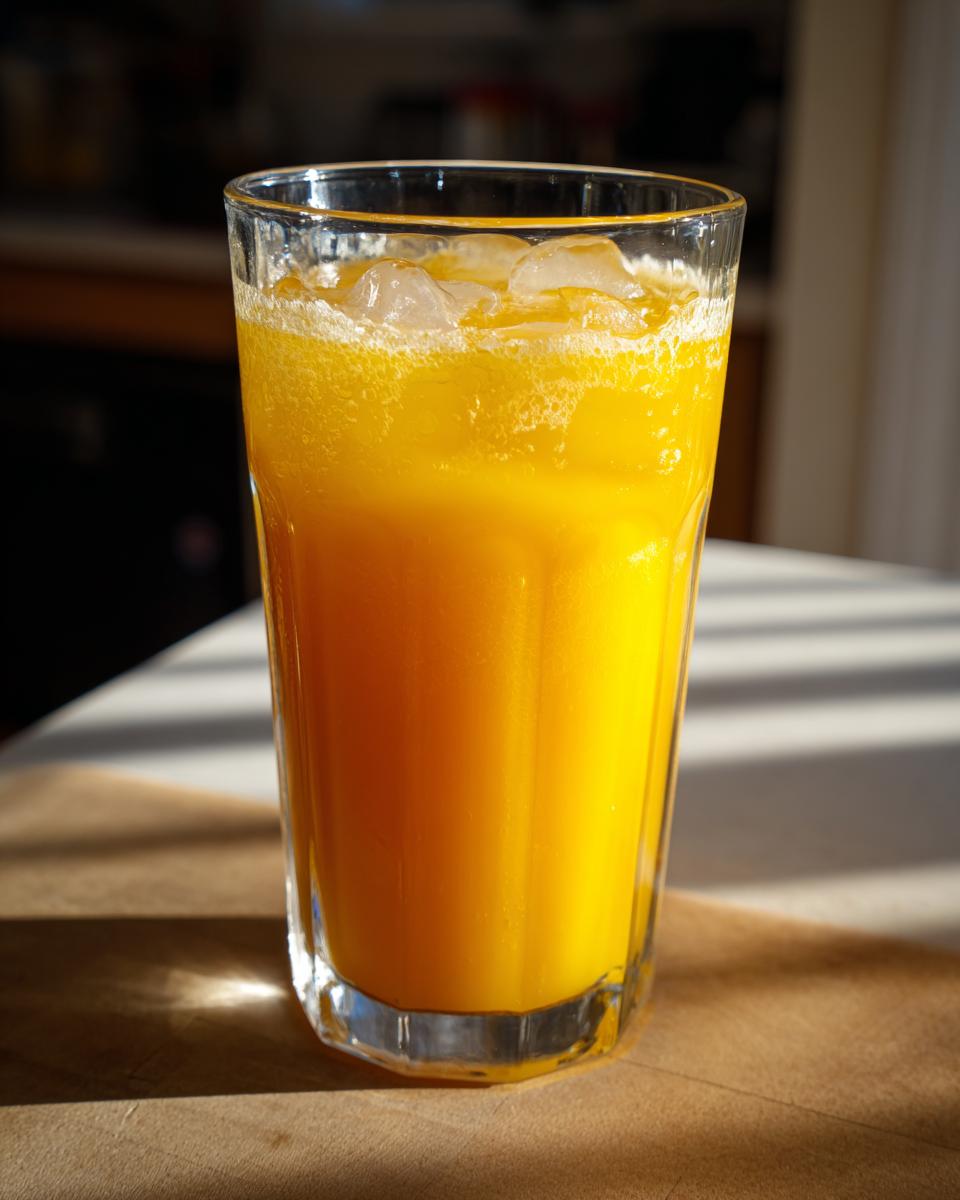 A tall glass filled with vibrant Pineapple Ginger Turmeric Lemonade and ice, ready to be enjoyed.