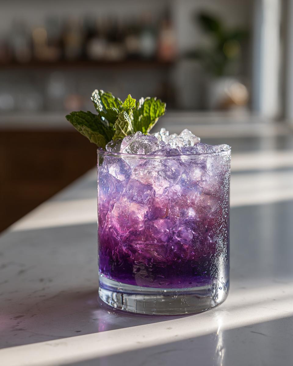 A tall glass filled with crushed ice and vibrant purple Plum Lemonade, garnished with fresh mint leaves.